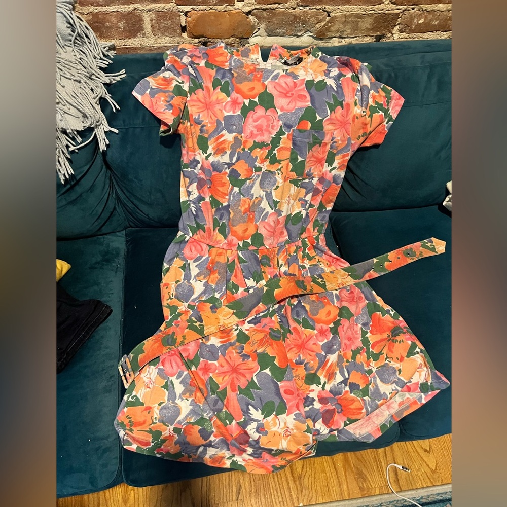 Vintage 80s Floral Print Pastel Pink Blue Romper with Belt L